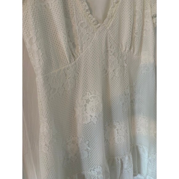 White Lace Babydoll Dress XL Cottagecore Boho Mini Flutter Sleeve Ruffle Hem - Picture 6 of 9